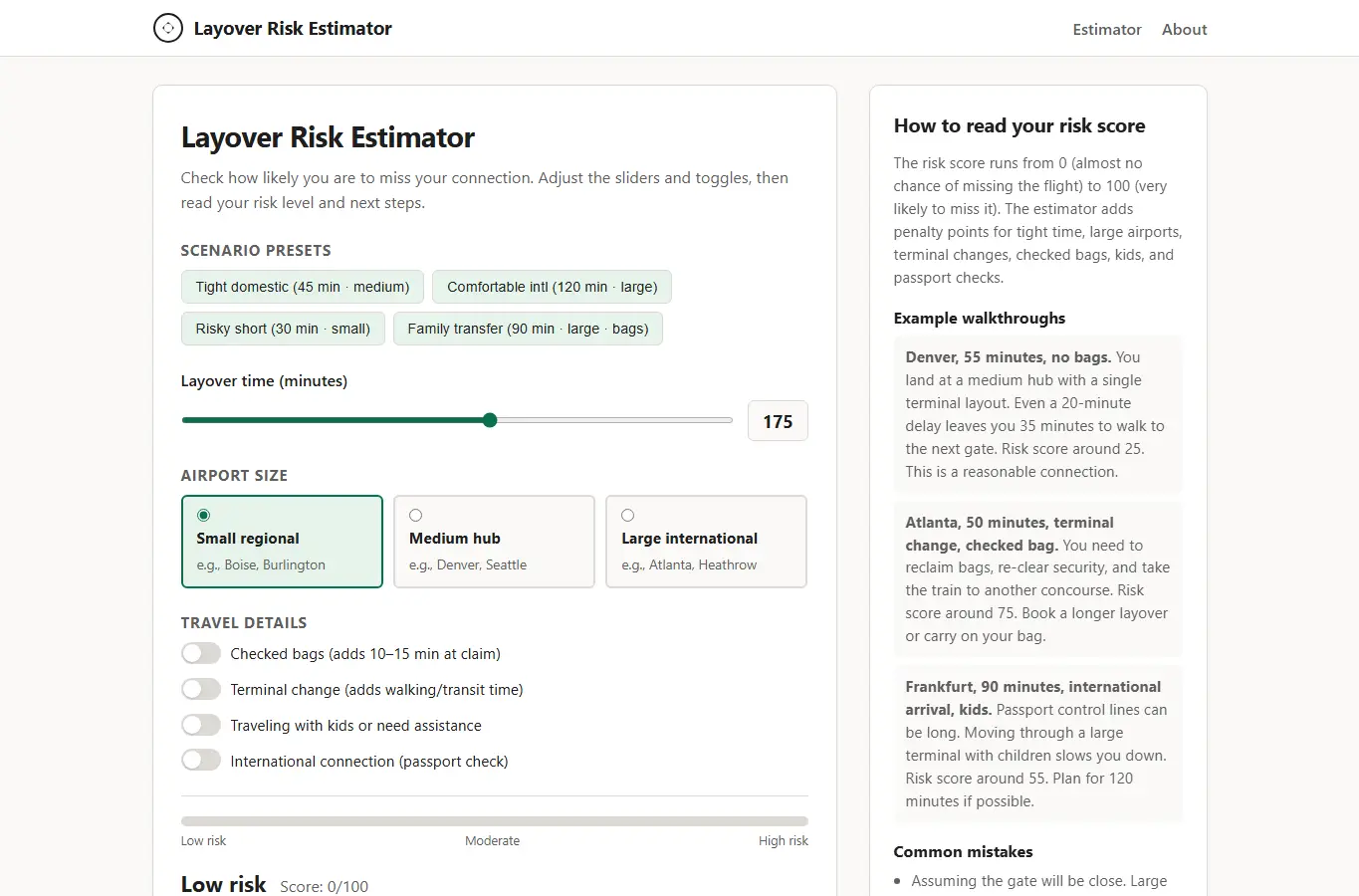 Screenshot of Layover Risk Estimator interface showing the project page in use